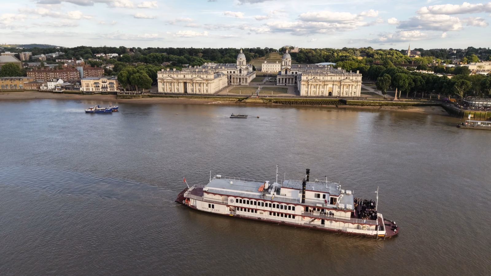 The Dixie Queen on the Thames at Greenwich with the Old Royal Naval College and the Queen's House behind