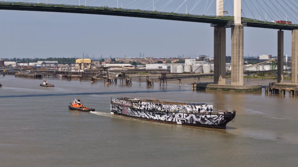 HMS President Under Tow 2 HMS President (1918) under tow passing beneath the Queen Elizabeth II Bridge at the Dartford Crossing