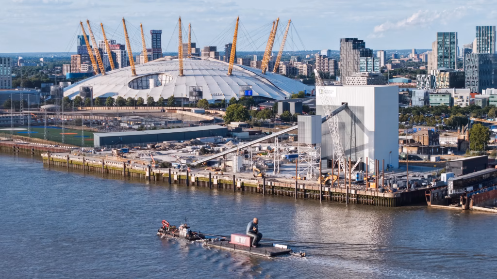 Mutiny: Jason Statham Brand Activation on the Thames 10 High aerial photograph of the Mutiny Thames brand activation with the O2 arena and the Greenwich Peninsula behind